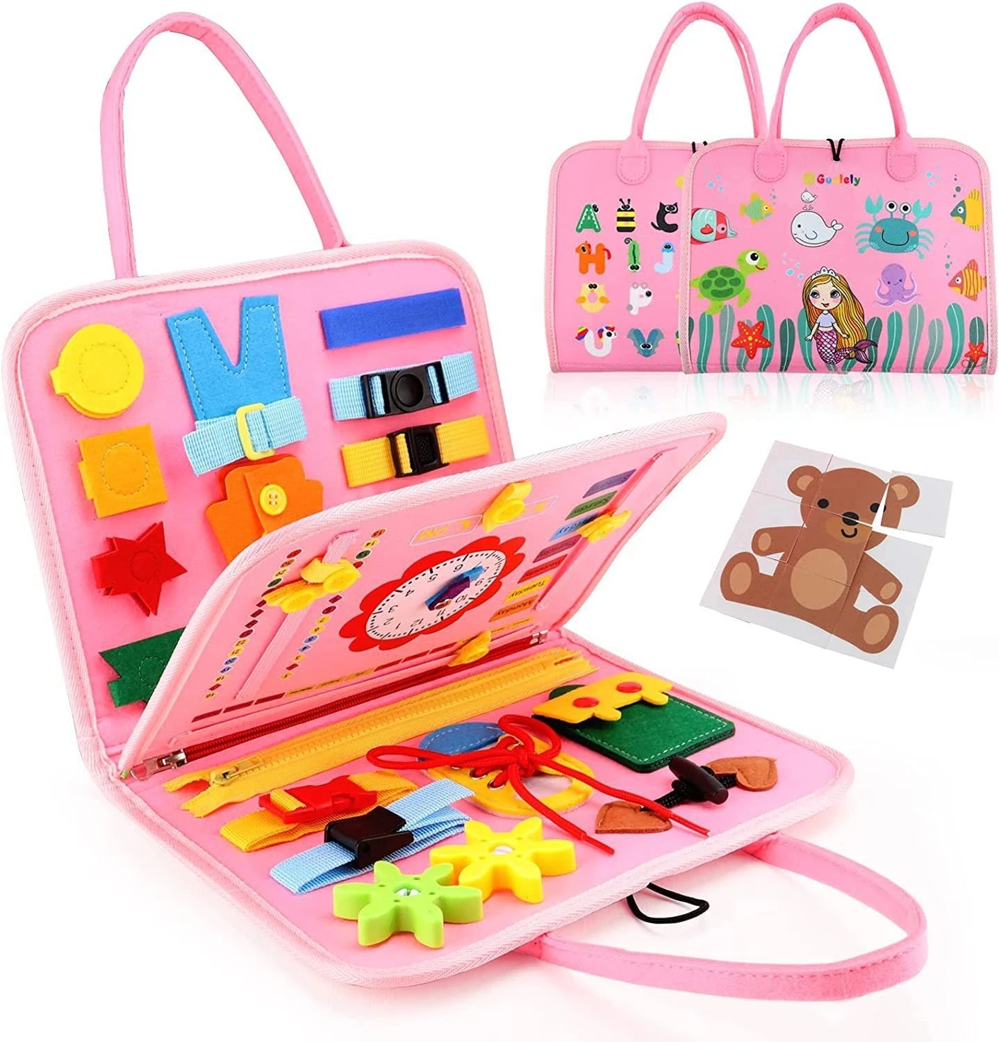 Pink educational toy set with various colorful components and a matching pink carrying case.