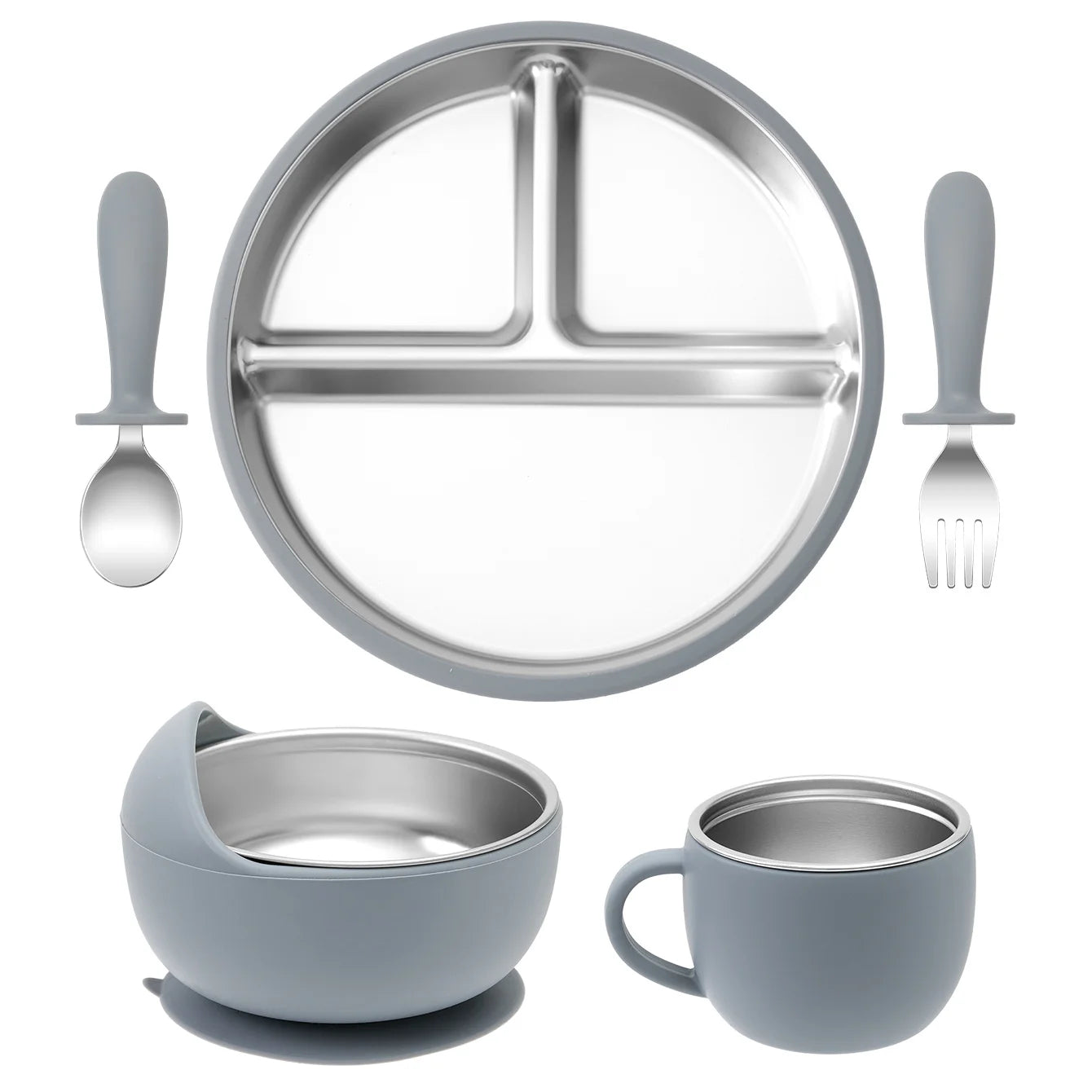5-Piece Stainless Steel Silicone Baby Feeding Set with Cup | Oliver Montessori Toys