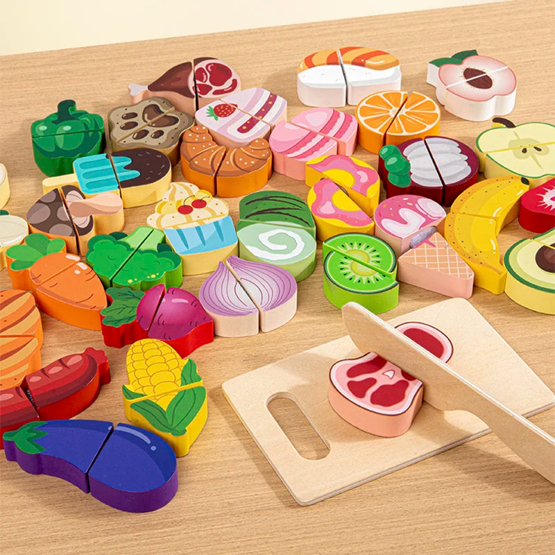 Wooden toy food set on a wooden surface