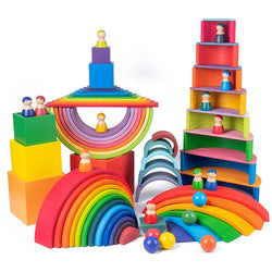 Montessori Wooden Stacker Learning Set with colorful, stackable wooden toys, including a rainbow and pyramid, designed for imaginative play and skill development.