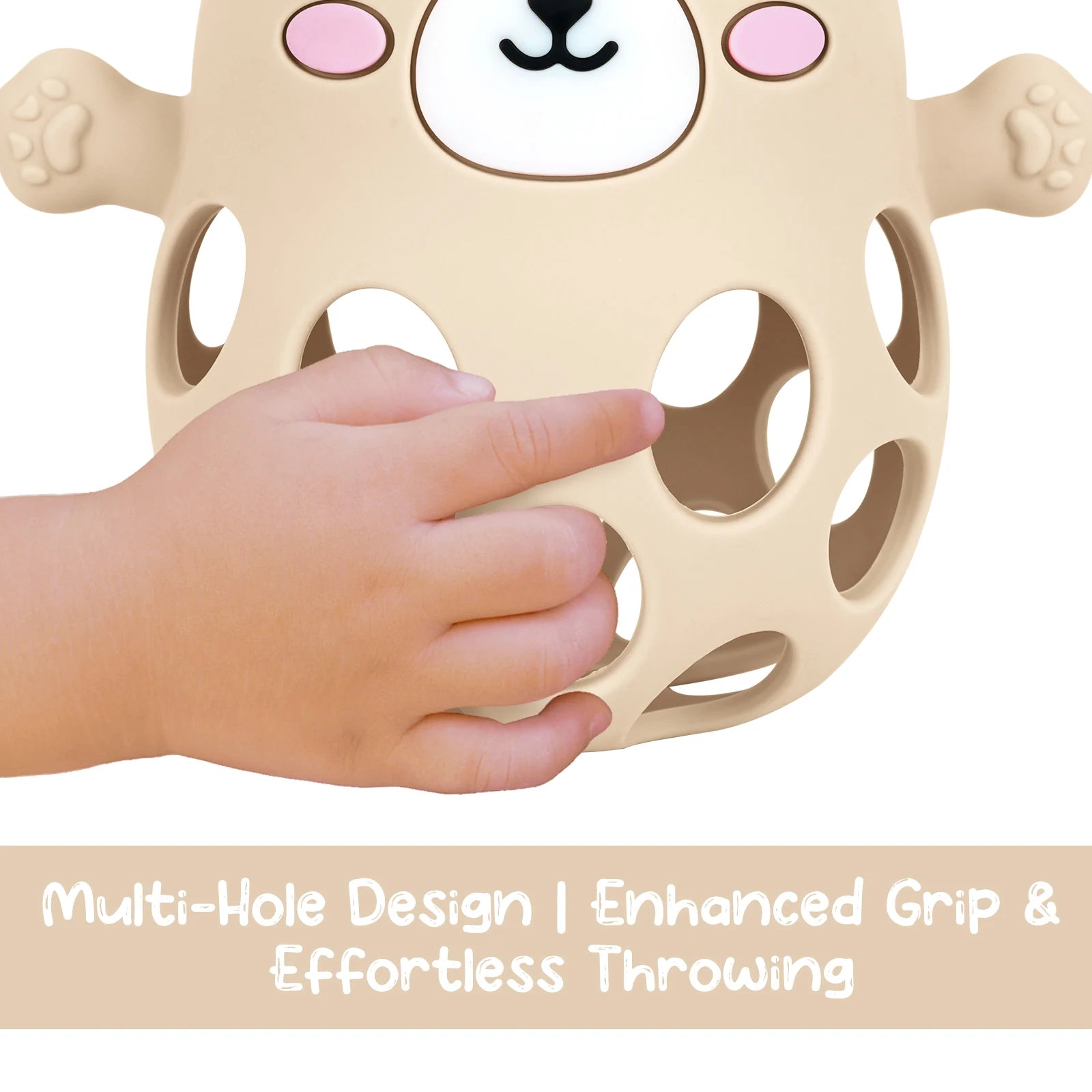 Children's toy with a bear face design held by a hand, on a white background.