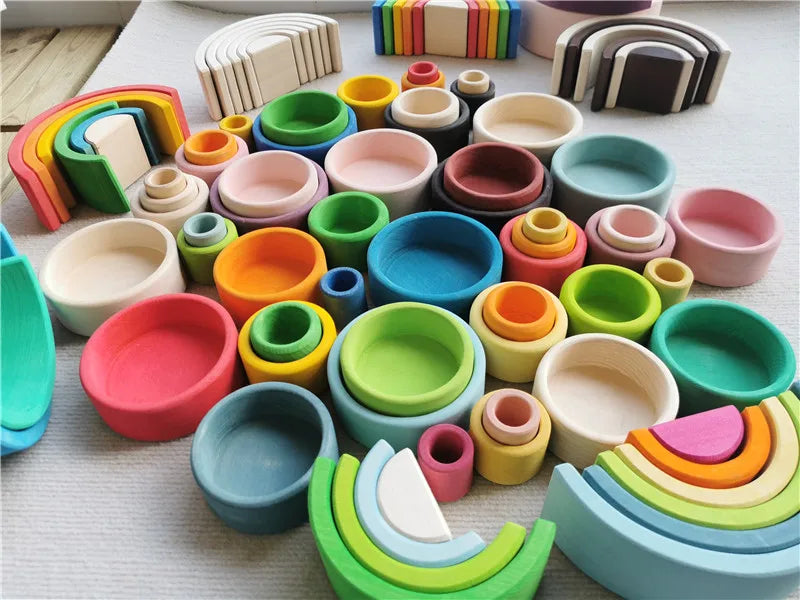 Colorful wooden toys on a light surface