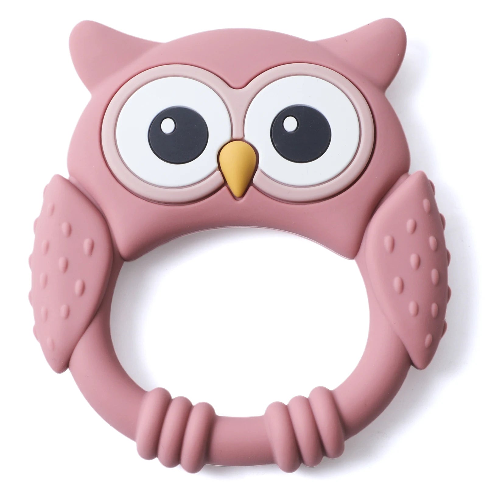 Pink owl-shaped teething ring on a white background