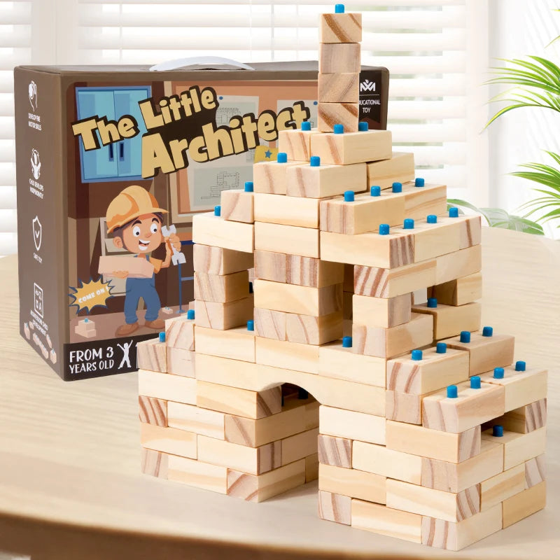 The Little Architect Wooden Building Blocks: Montessori educational toy for kids. Durable natural wood, available in 100, 200, or 300-piece sets.