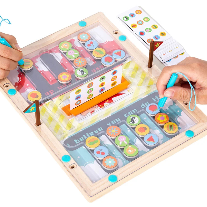 Children playing with a magnetic learning board featuring colorful letters and shapes.
