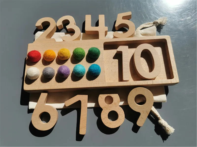 Wooden Montessori Counting Board Sets – Walnut Frame, Number Tiles & Felt Balls