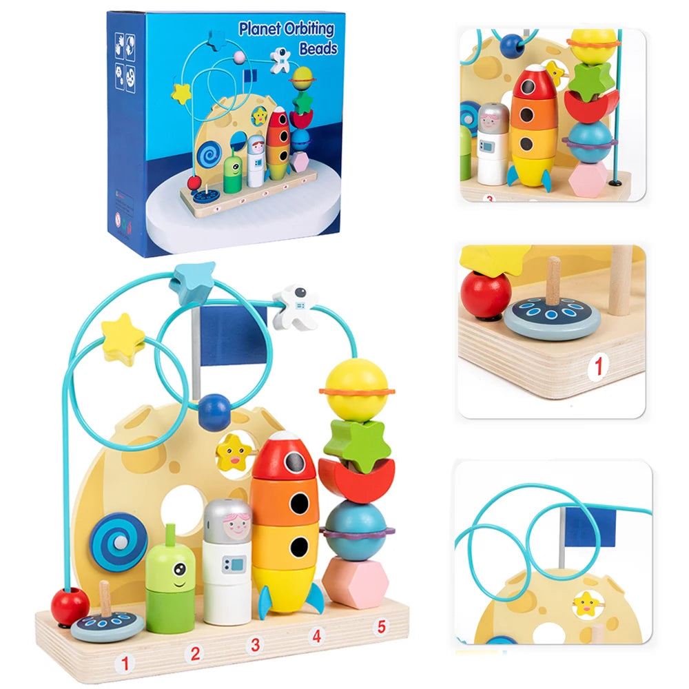 Colorful wooden toy with bead maze and packaging on a white background