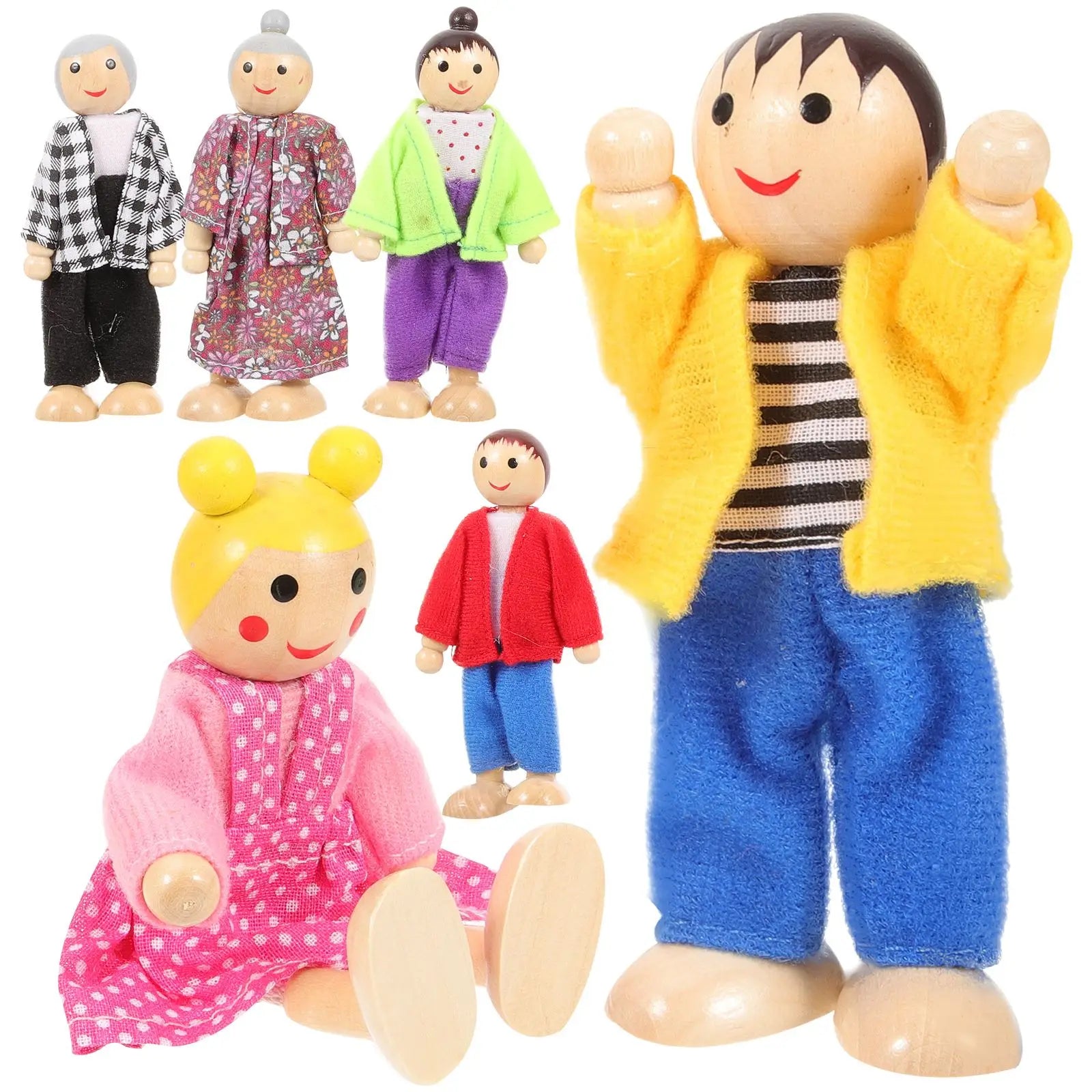 Set of wooden dolls with colorful clothing on a white background