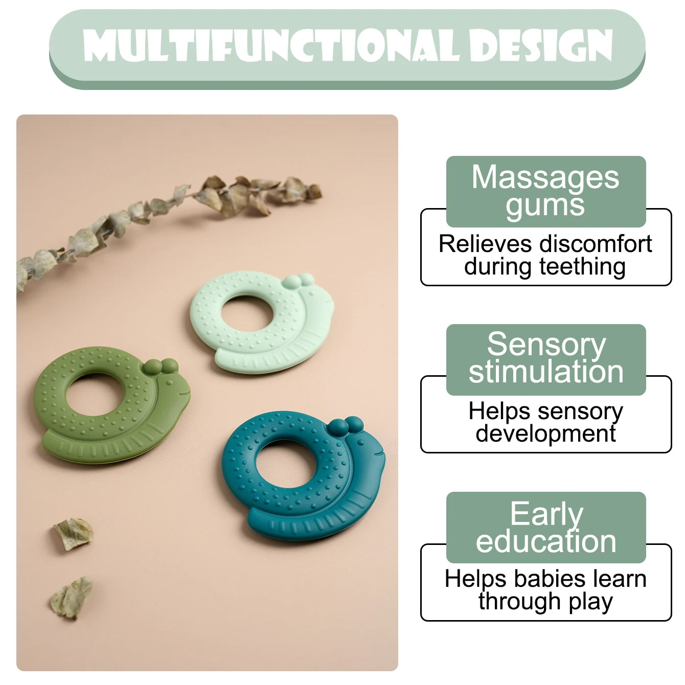 Snail teether massages gums and supports sensory play