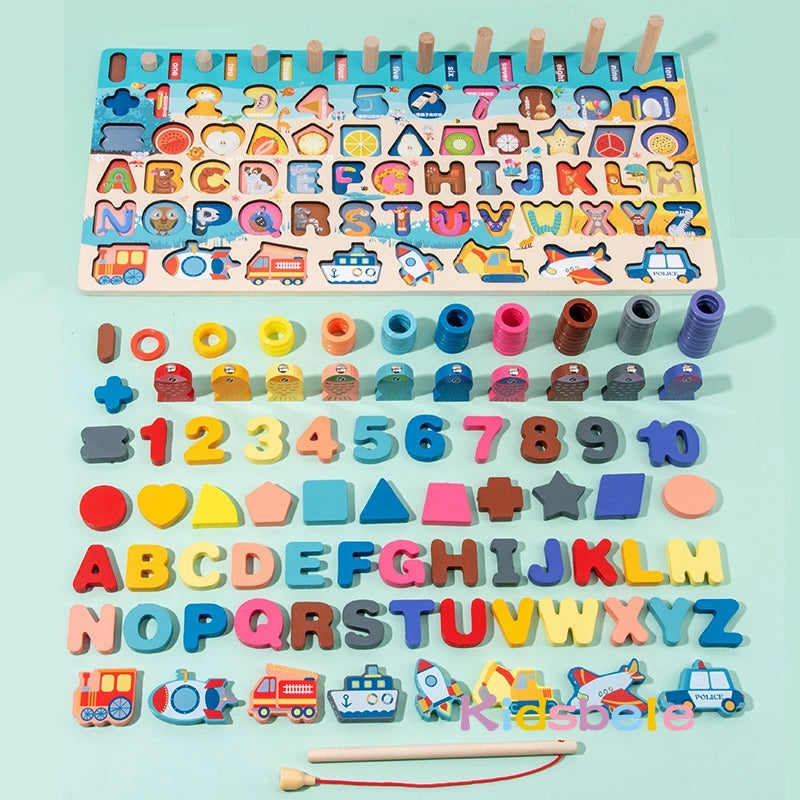 Colorful wooden alphabet and number set with pegs on a light blue background