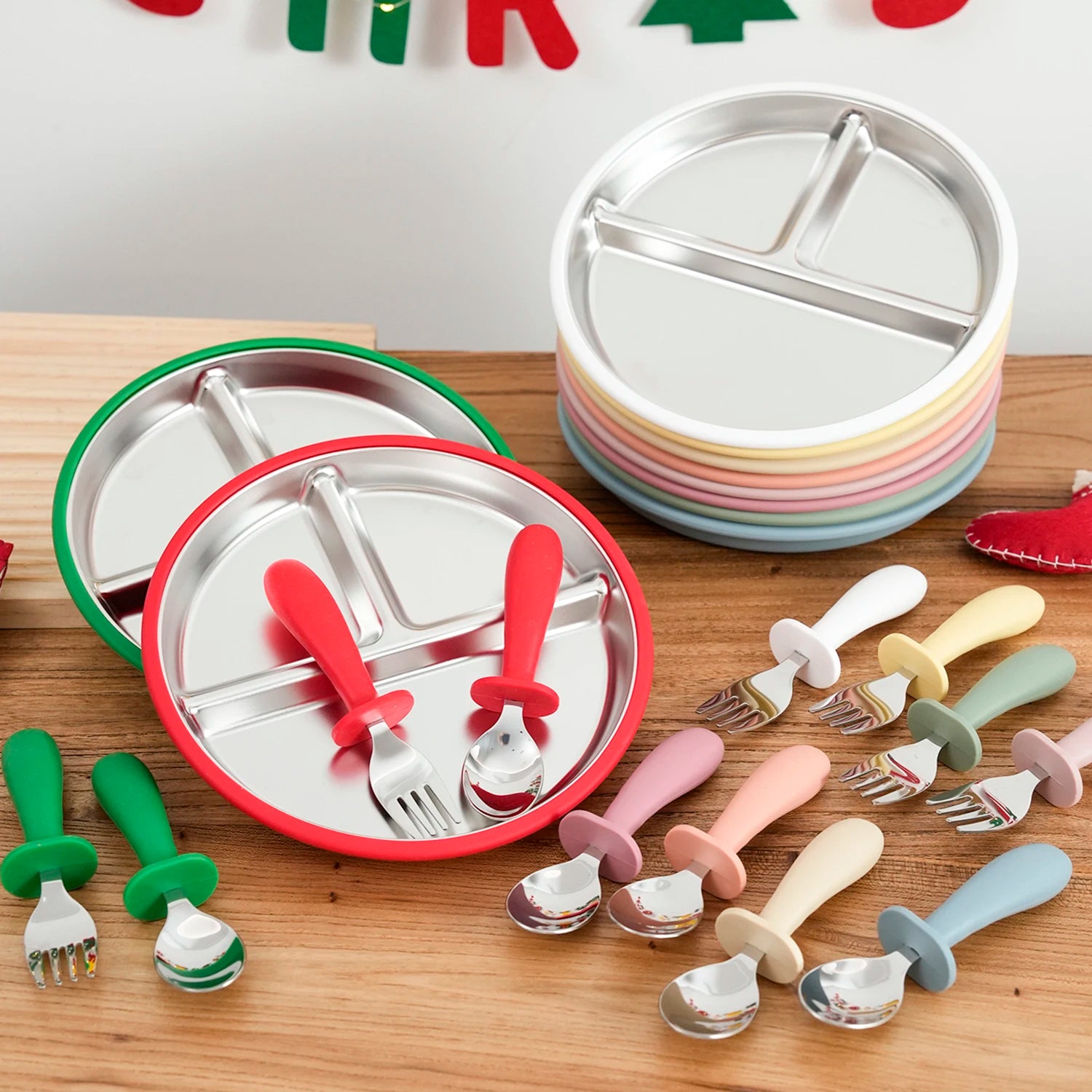 3-Piece Stainless Steel Divided Plate and Utensil Set | Oliver Montessori Toys