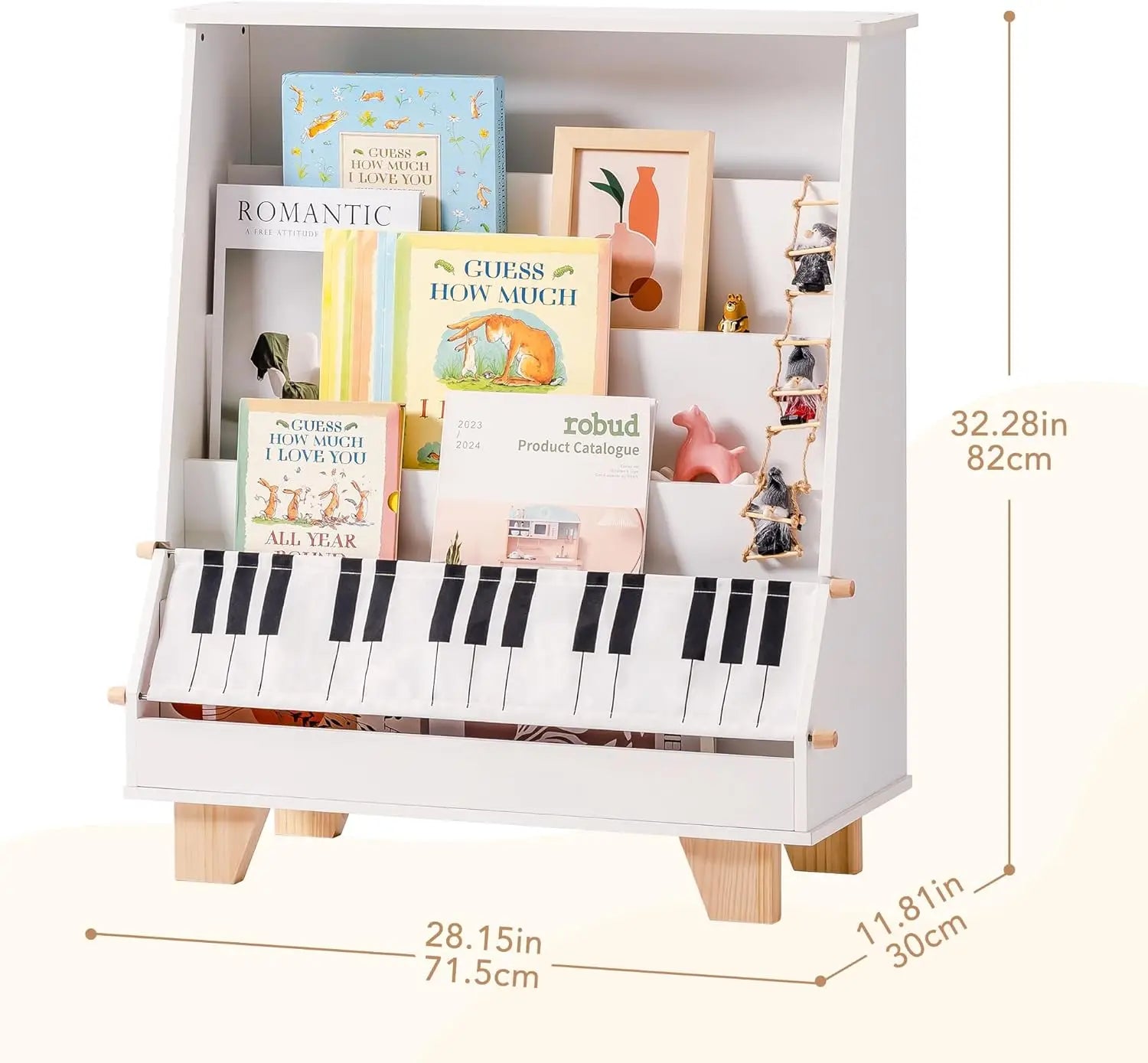 White bookshelf with books and decorative items, including a toy piano, with dimensions displayed.