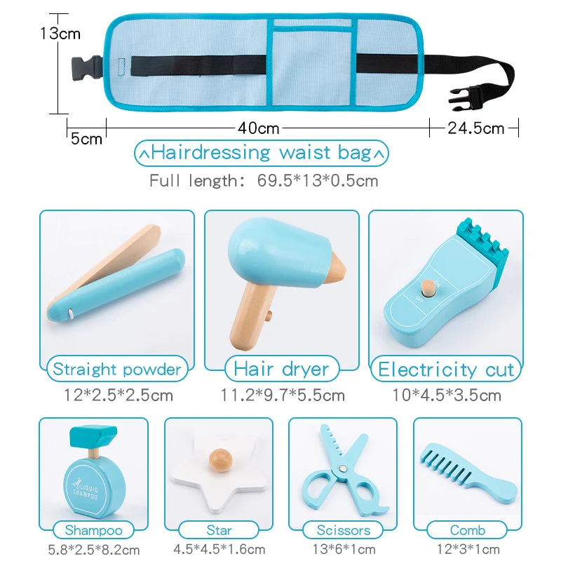 Hairdressing waist bag with measurements and included tools displayed.
