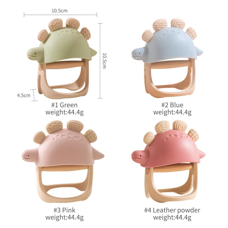 Four dinosaur-shaped baby teething toys in different colors with measurements and weights.
