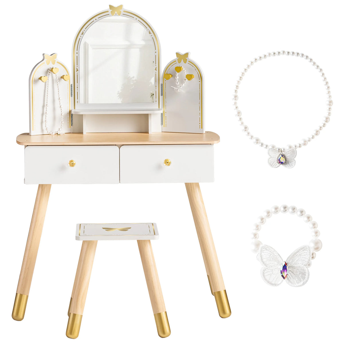 Wooden Kids Vanity Table with Mirror and Stool