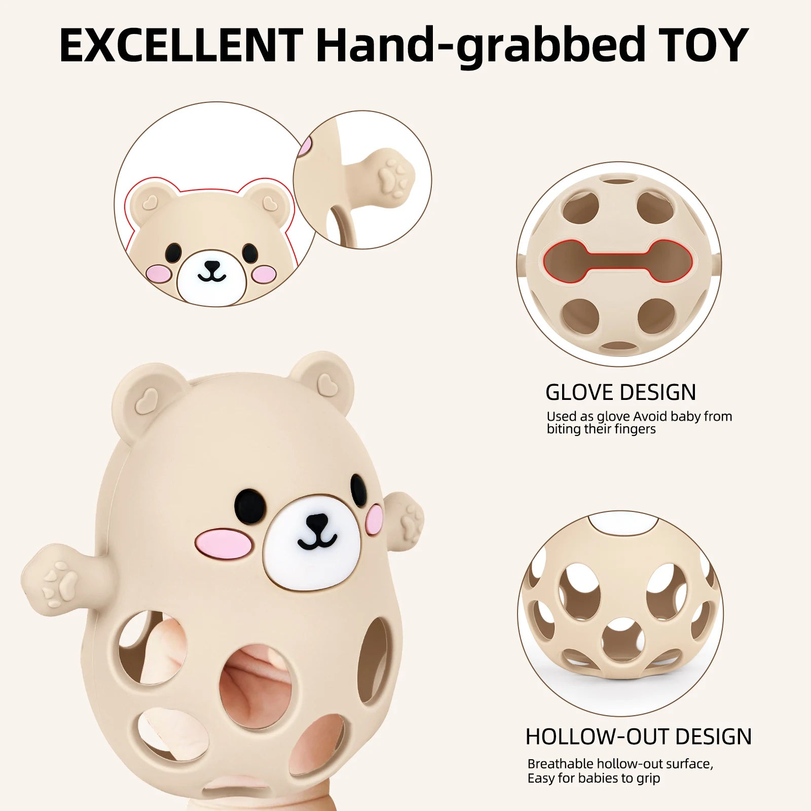Beige bear-shaped toy with glove and hollow-out design features, labeled as an excellent hand-grabbed toy.