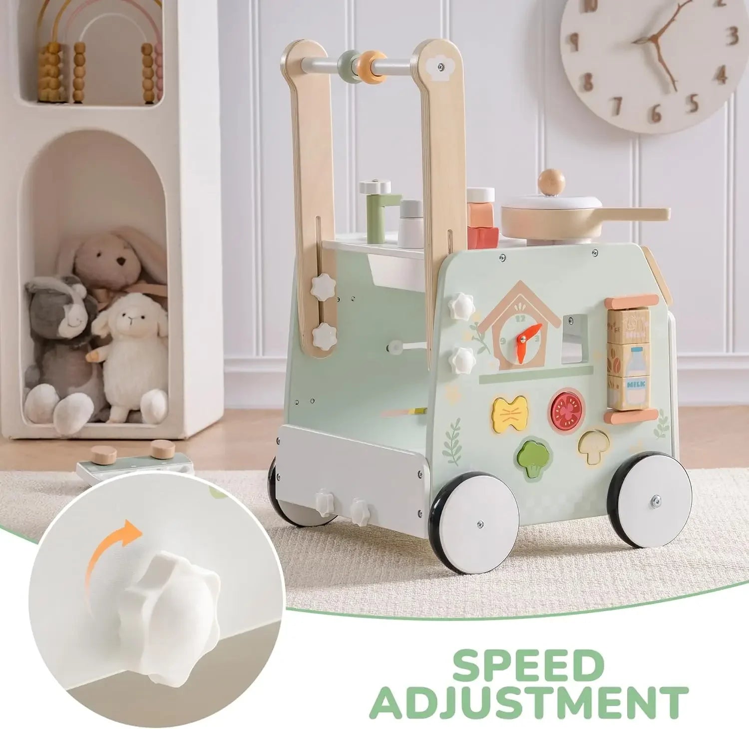 Wooden toy push cart with speed adjustment feature in a child's room.