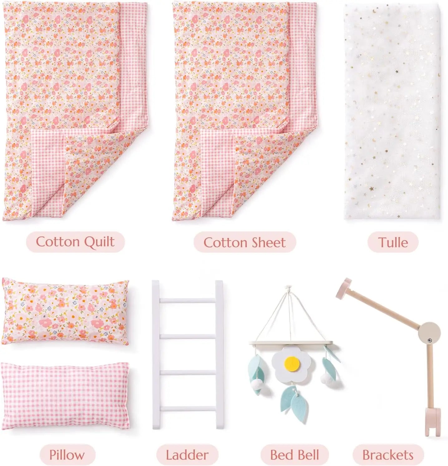 Collection of baby bedding and nursery items with labels on a white background