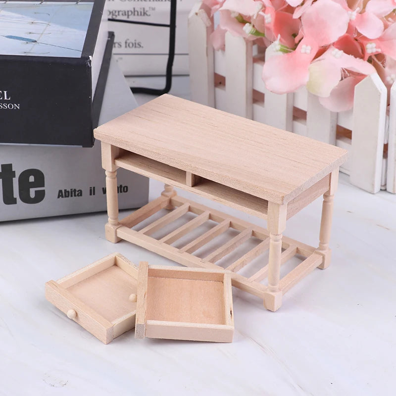 Wooden stool with a small tray on a white surface with a blurred  Oliver & Company Montessori Toysbackground