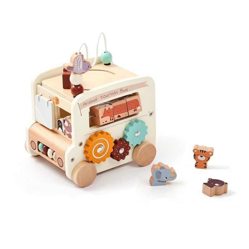 Montessori Activity Cube: Wooden busy bus toy with 8 games. Perfect for babies and toddlers 0-18 months. Durable, educational, and available in 2 color options