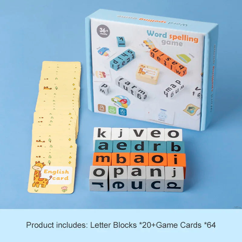 Word spelling game with letter blocks and game cards on a blue background