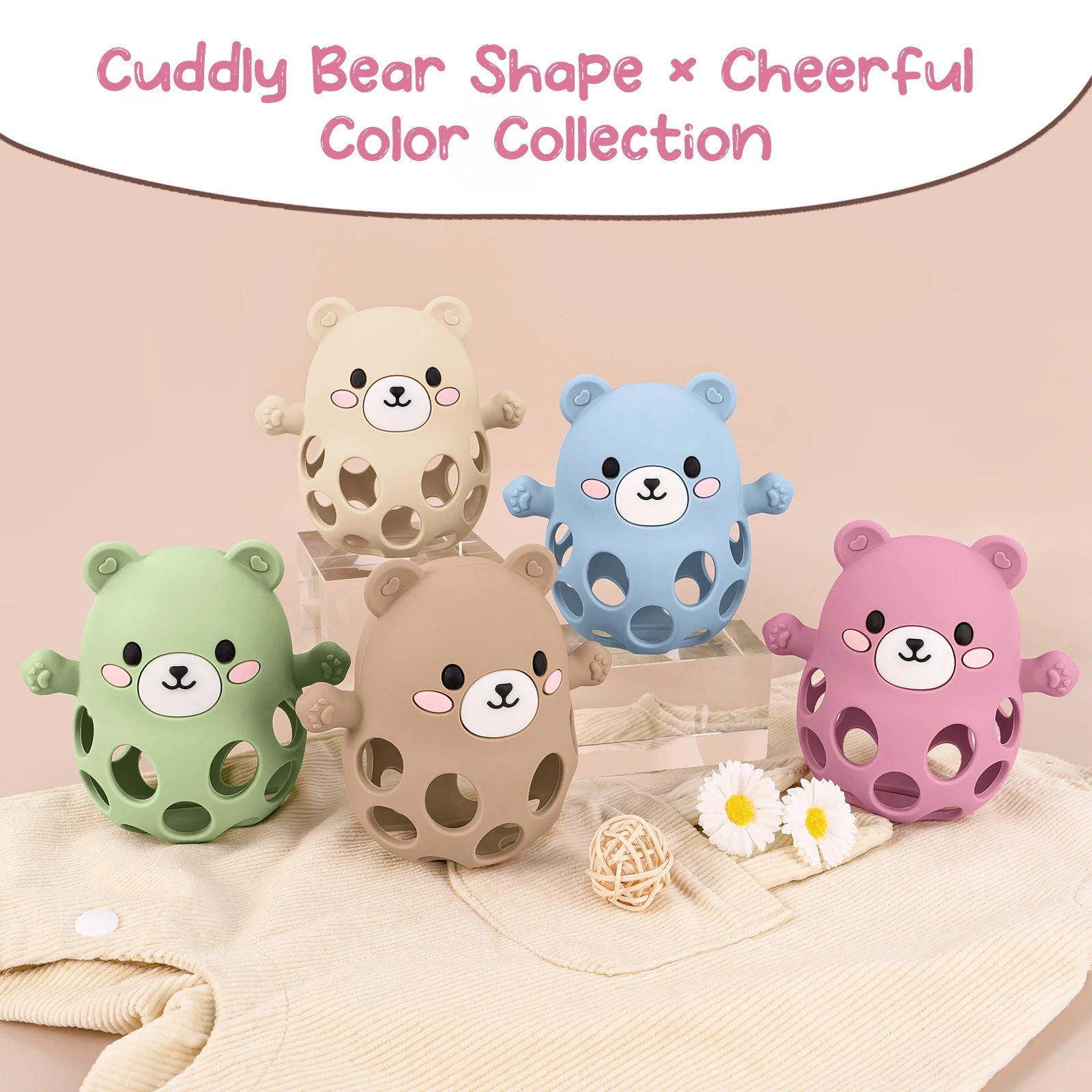 Set of five bear-shaped toys in different colors on a soft surface with text 'Cuddly Bear Shape x Cheerful Color Collection'.