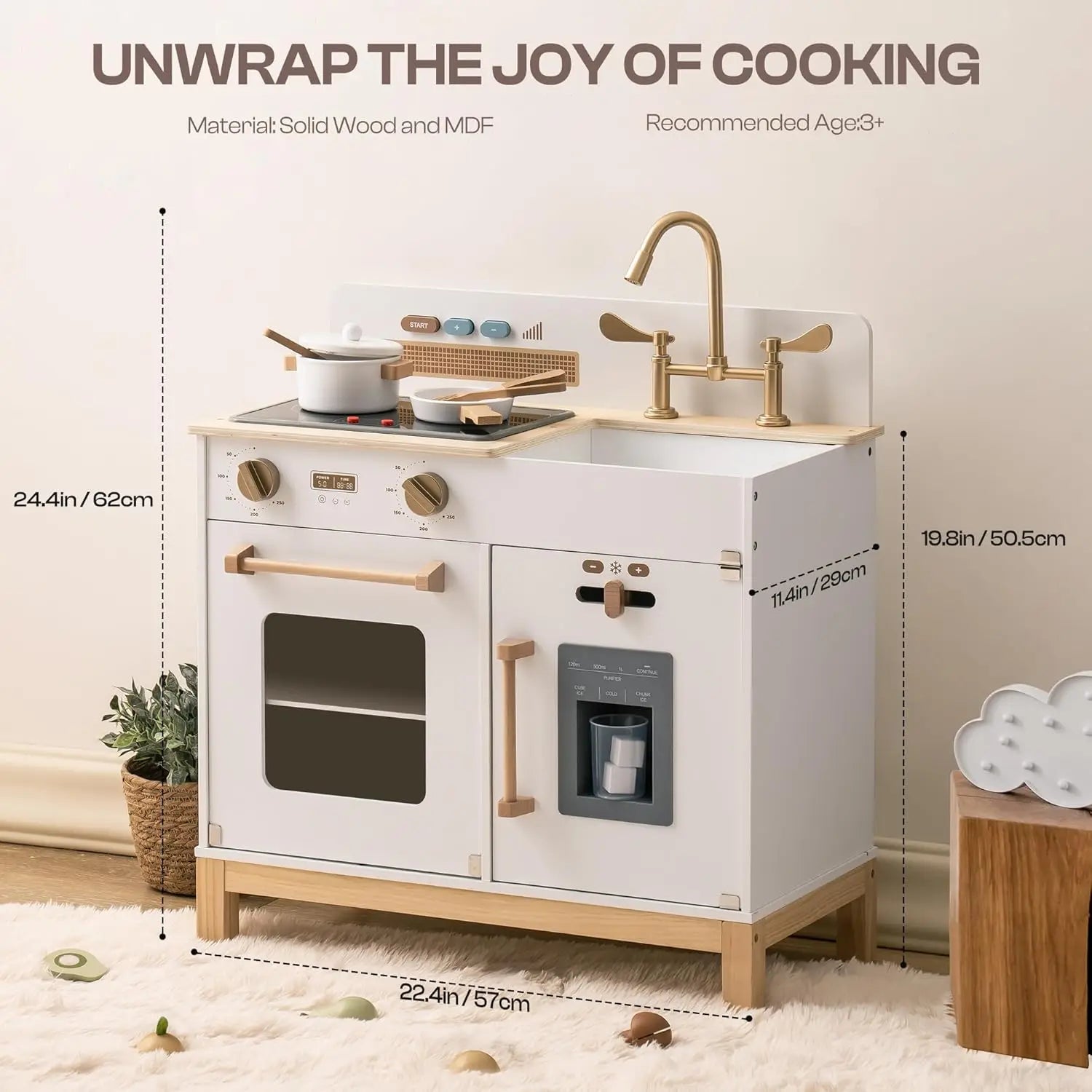 Children's play kitchen set with measurements on a neutral background