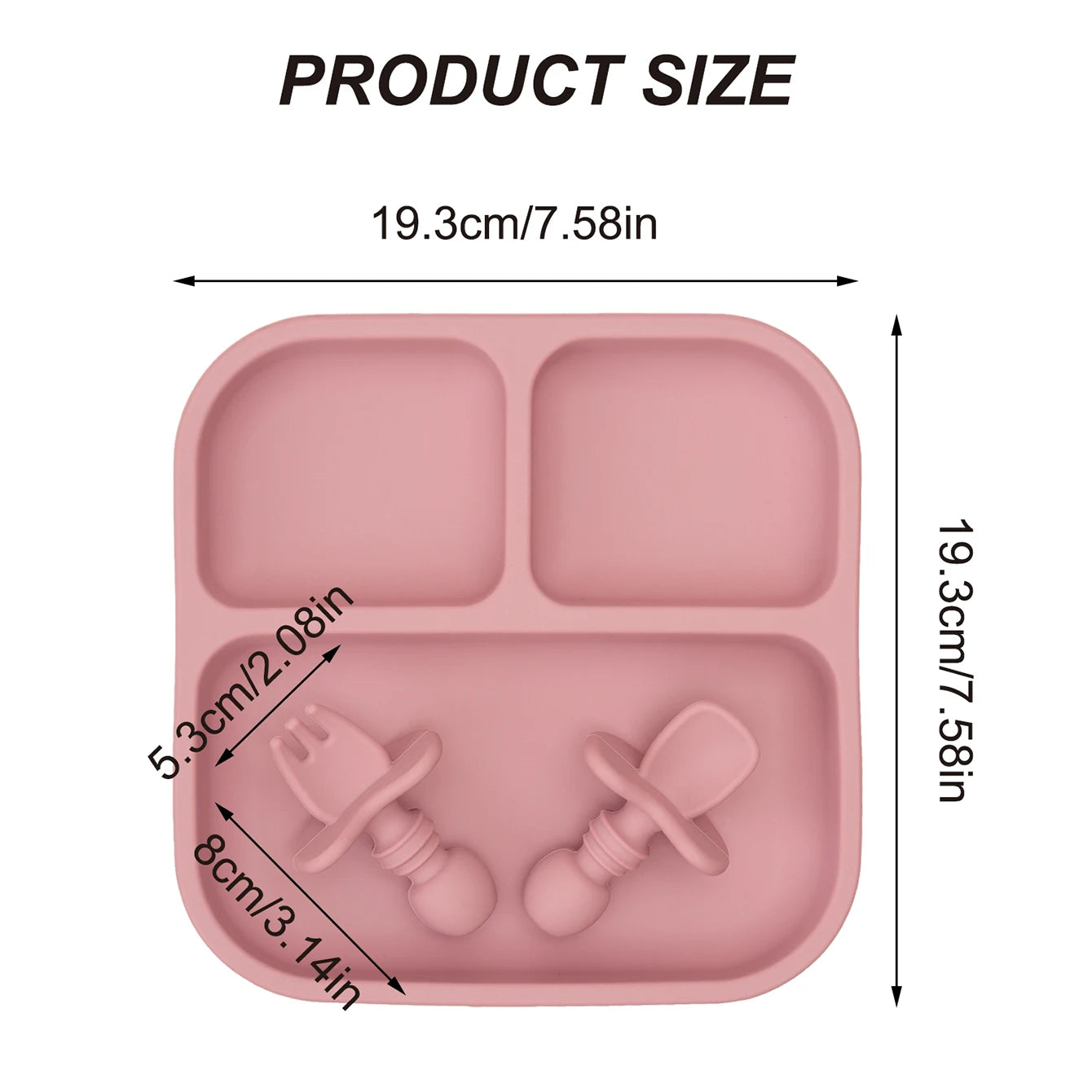 Pink silicone tray with divided sections and pacifier shapes, showing measurements on a white background.