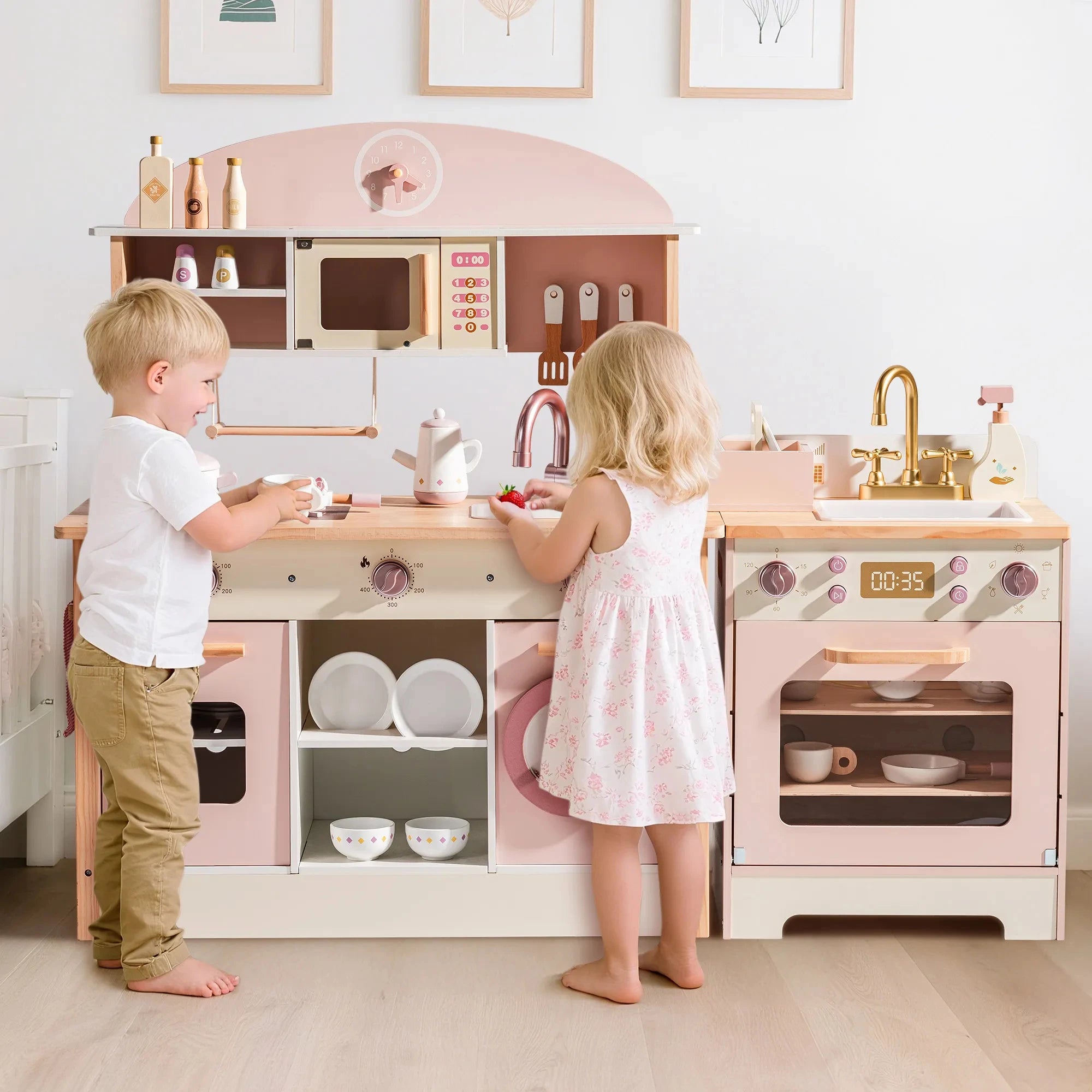 Complete Pink Wooden Kitchen Play Set