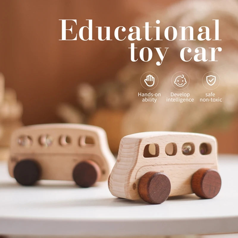 Baby Montessori Wooden Cartoon Bus, a beech wood toy with wheels, designed to enhance fine motor skills through imaginative play, ideal for young children.