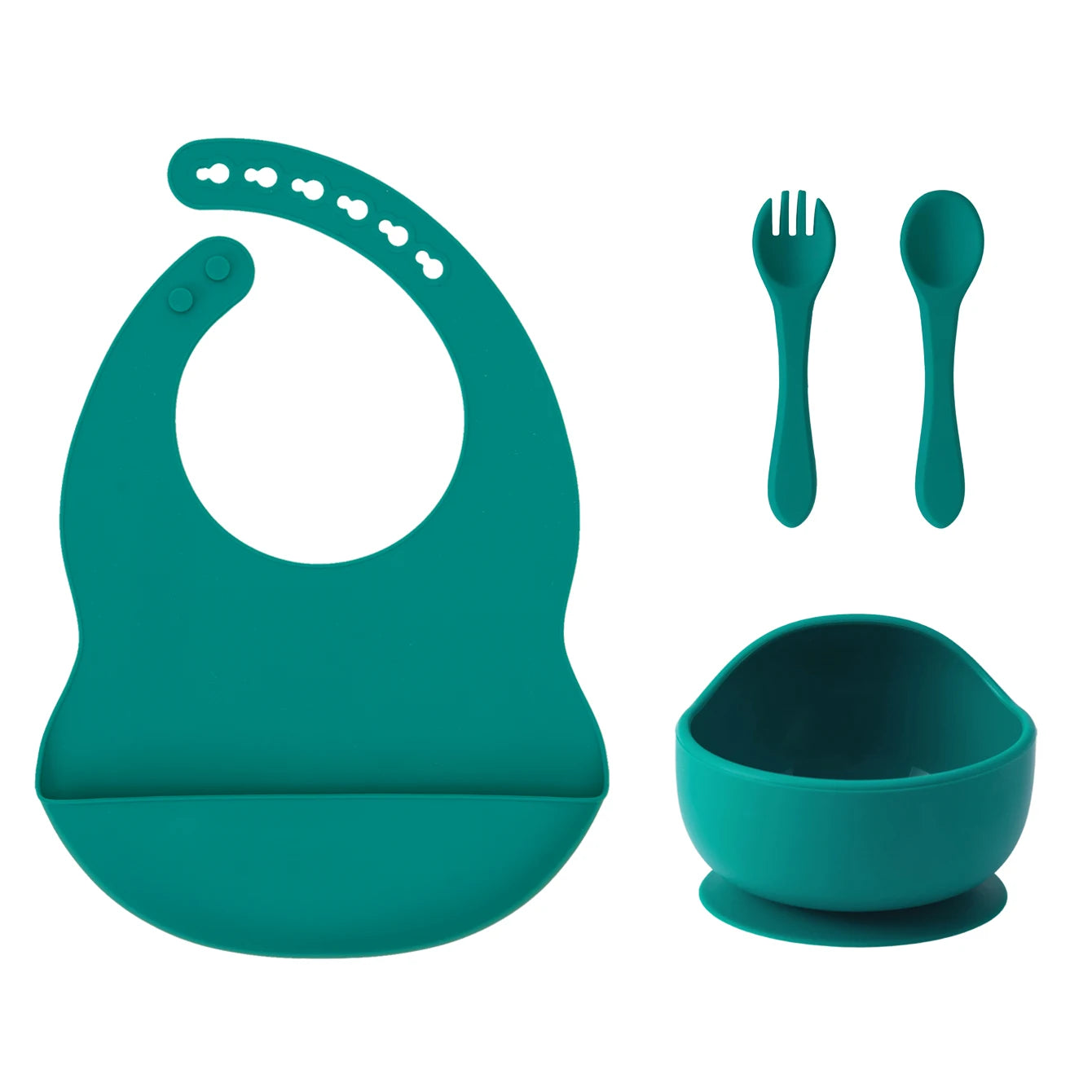 Teal silicone bib, suction bowl, spoon and fork set