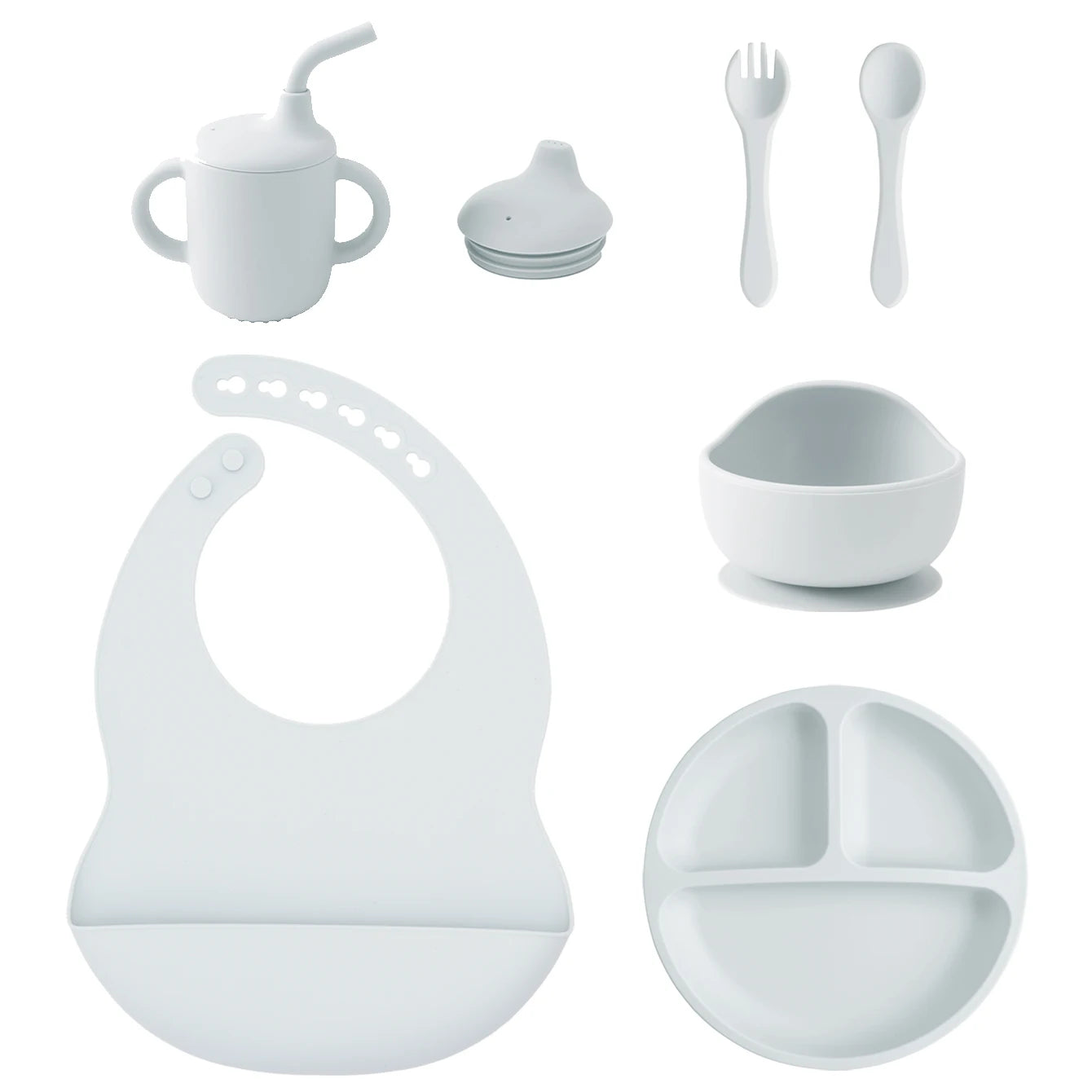 A baby feeding set in a soft light gray color, including a silicone bib with a suction base, a handled straw cup, a small bowl, a divided plate, a small sippy cup with straw, and a fork and spoon, all arranged on a clean white background.