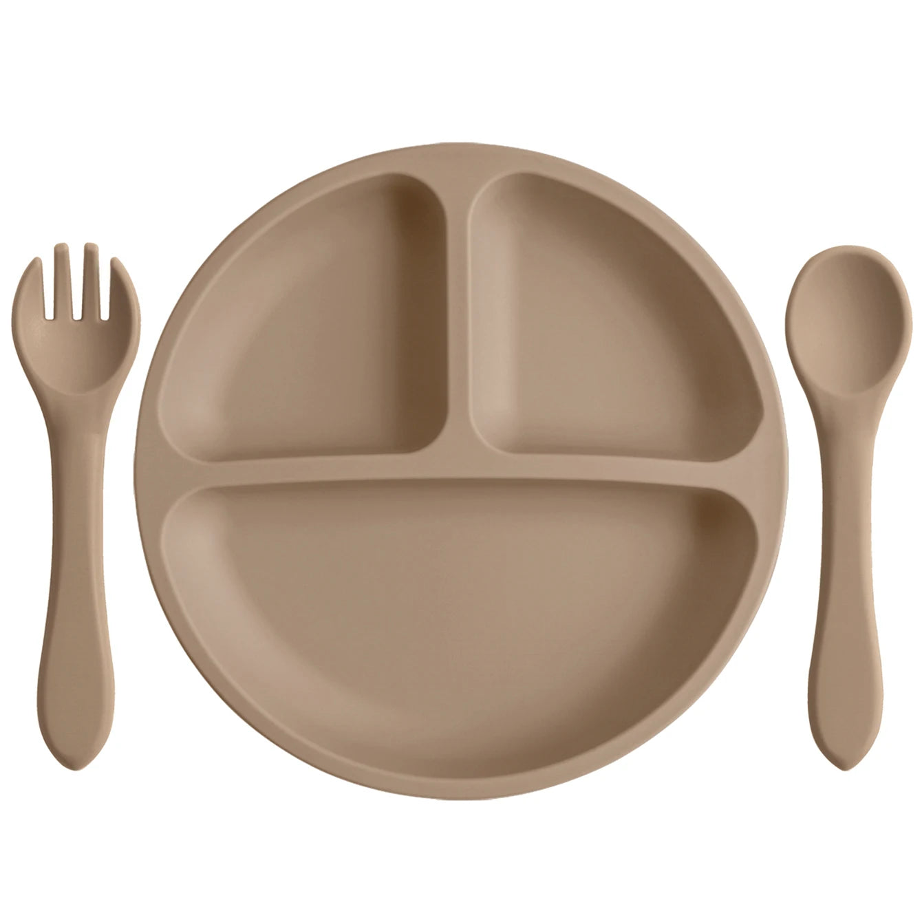 Taupe round divided plate with matching spoon and fork