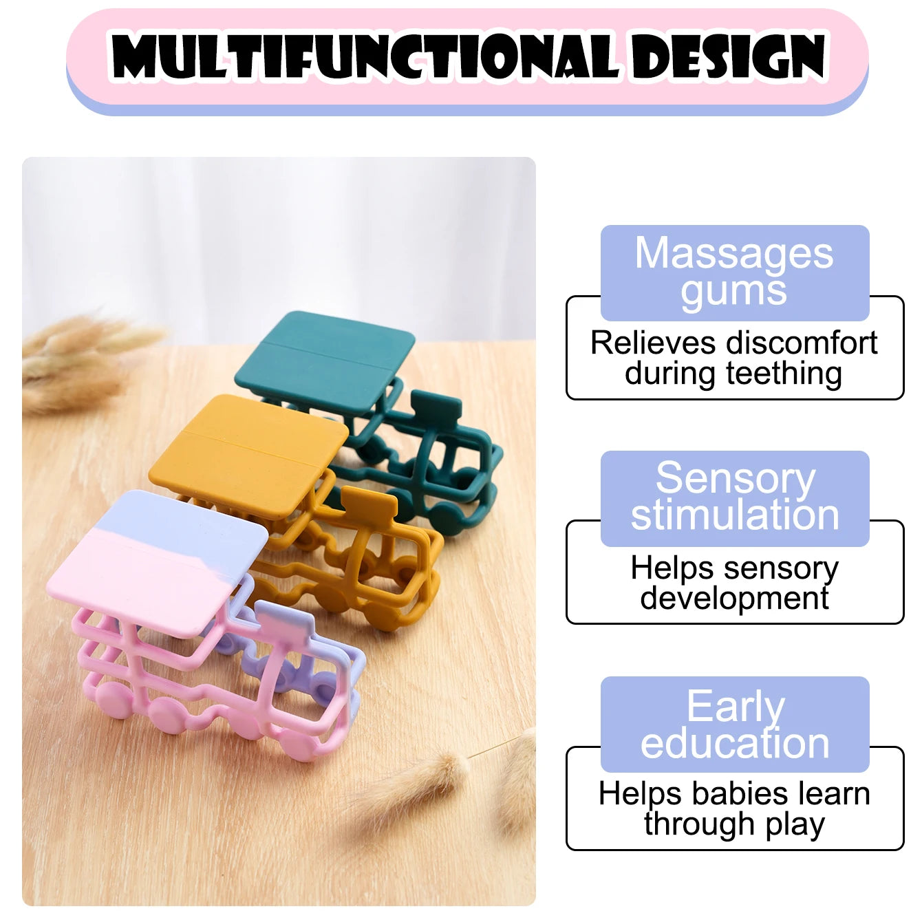 Train teether massages gums and supports sensory play