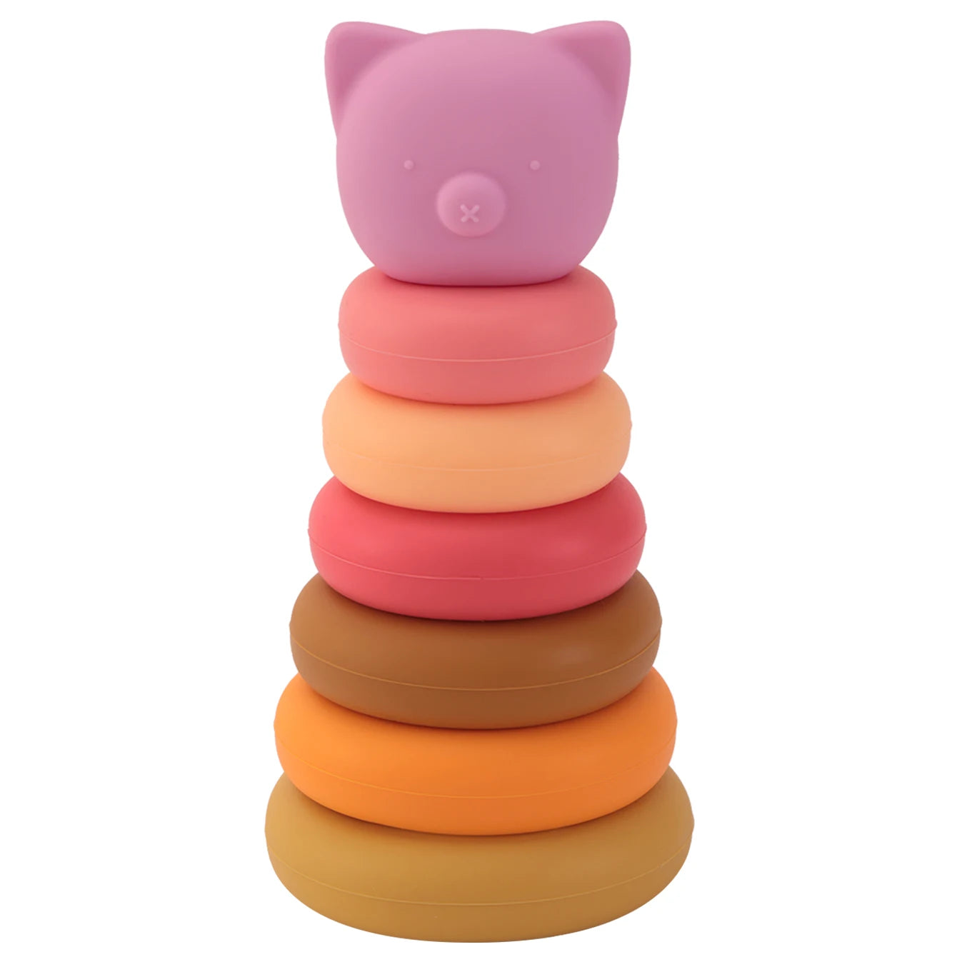 Stack of colorful rings with a pink cat-shaped top on a white background