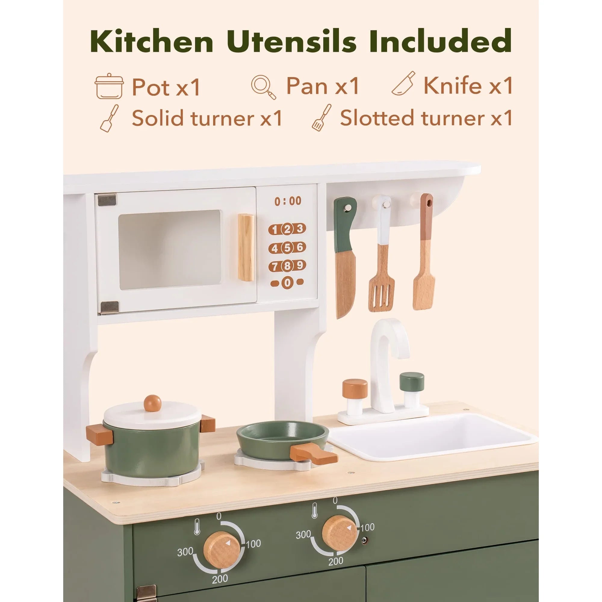 Toy kitchen set with utensils and appliances on a beige background