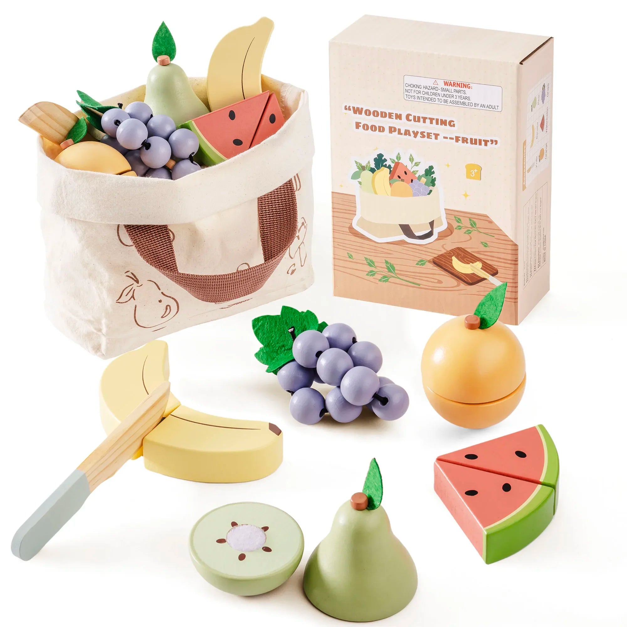Wooden fruit playset with packaging on a white background