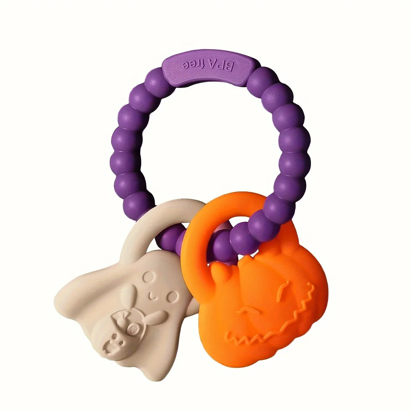 Purple teething ring with orange and beige animal-shaped ends on a white background