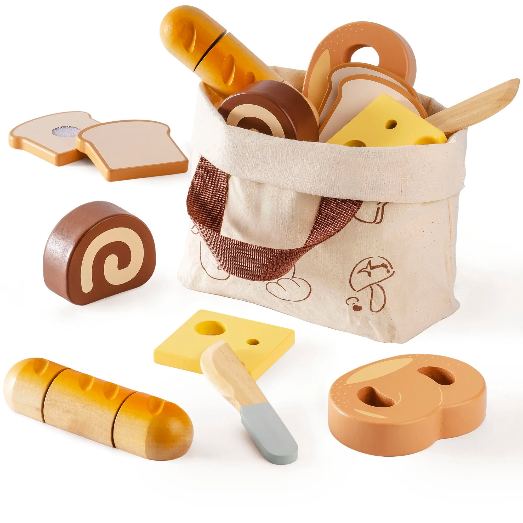Wooden toy bread and cheese set with a bag on a white background