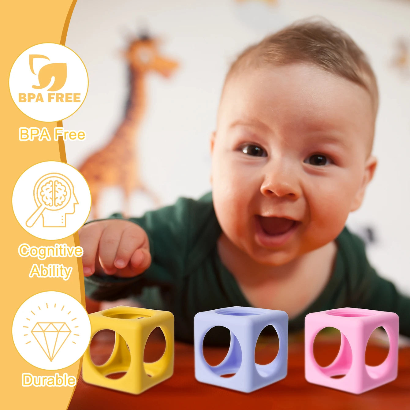Smiling baby playing with silicone cube teethers
