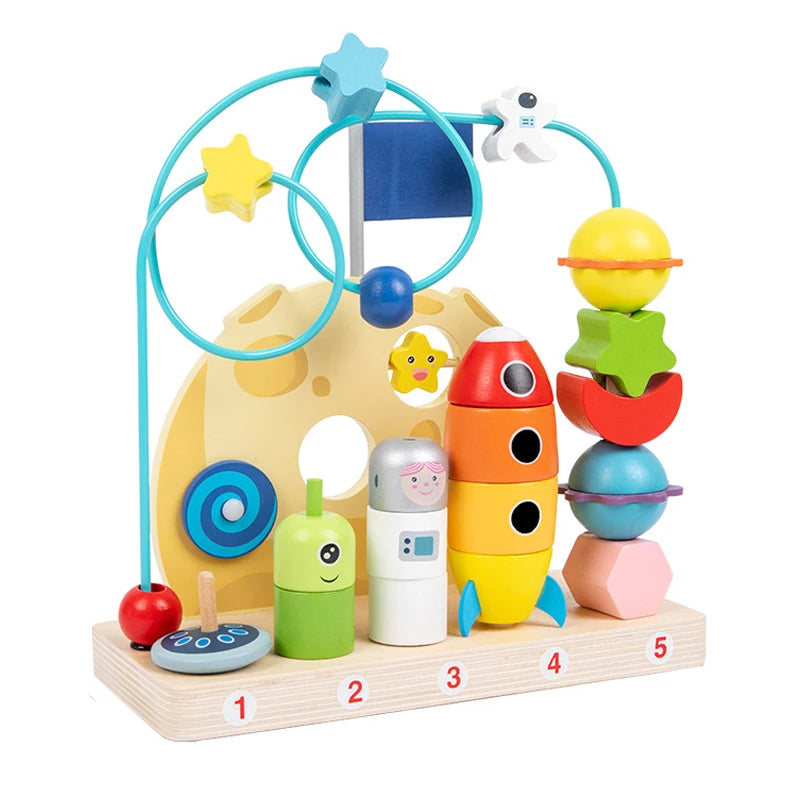 Colorful wooden toy with geometric shapes and numbers on a white background