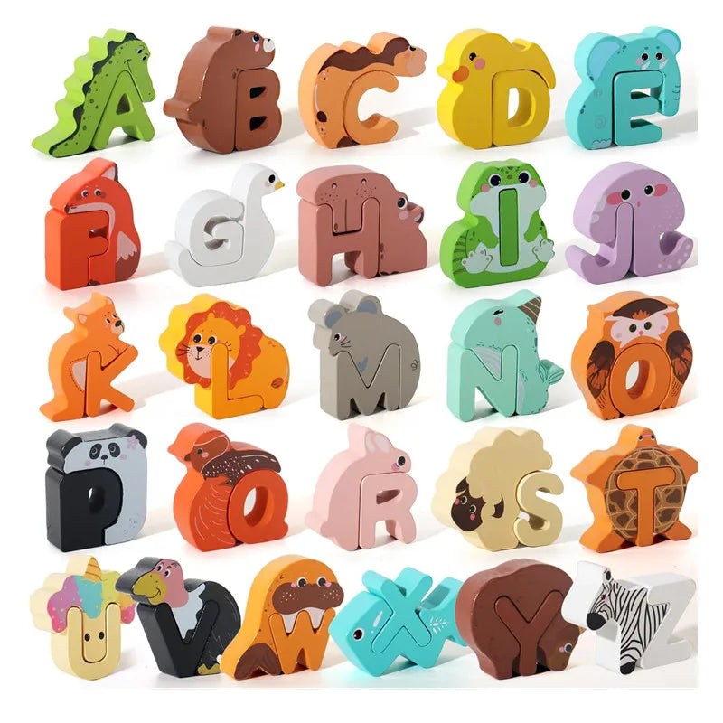 Alphabet Creative Puzzle featuring wooden animal-shaped letters for early learning, enhancing letter recognition and motor skills, perfect for toddlers' educational play.