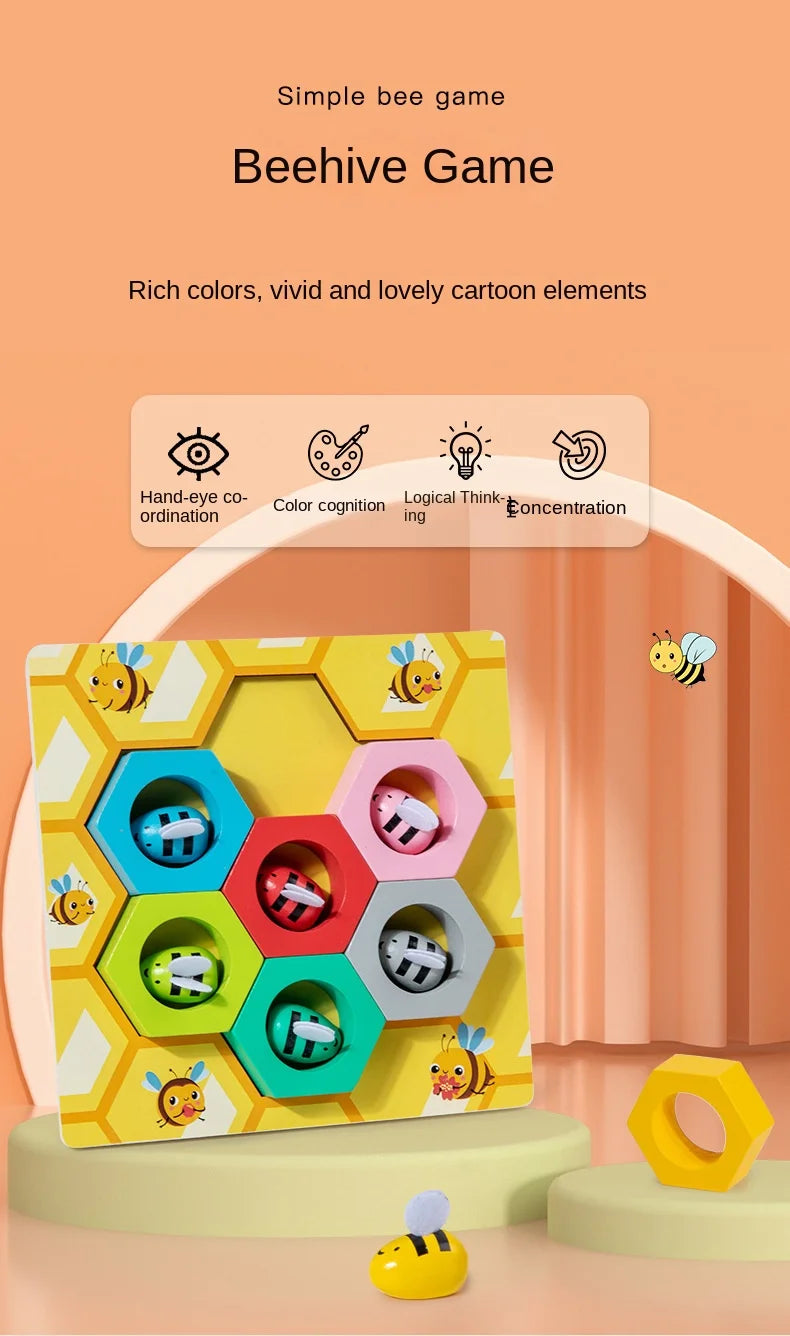 Beehive game with colorful hexagonal shapes on a peach background