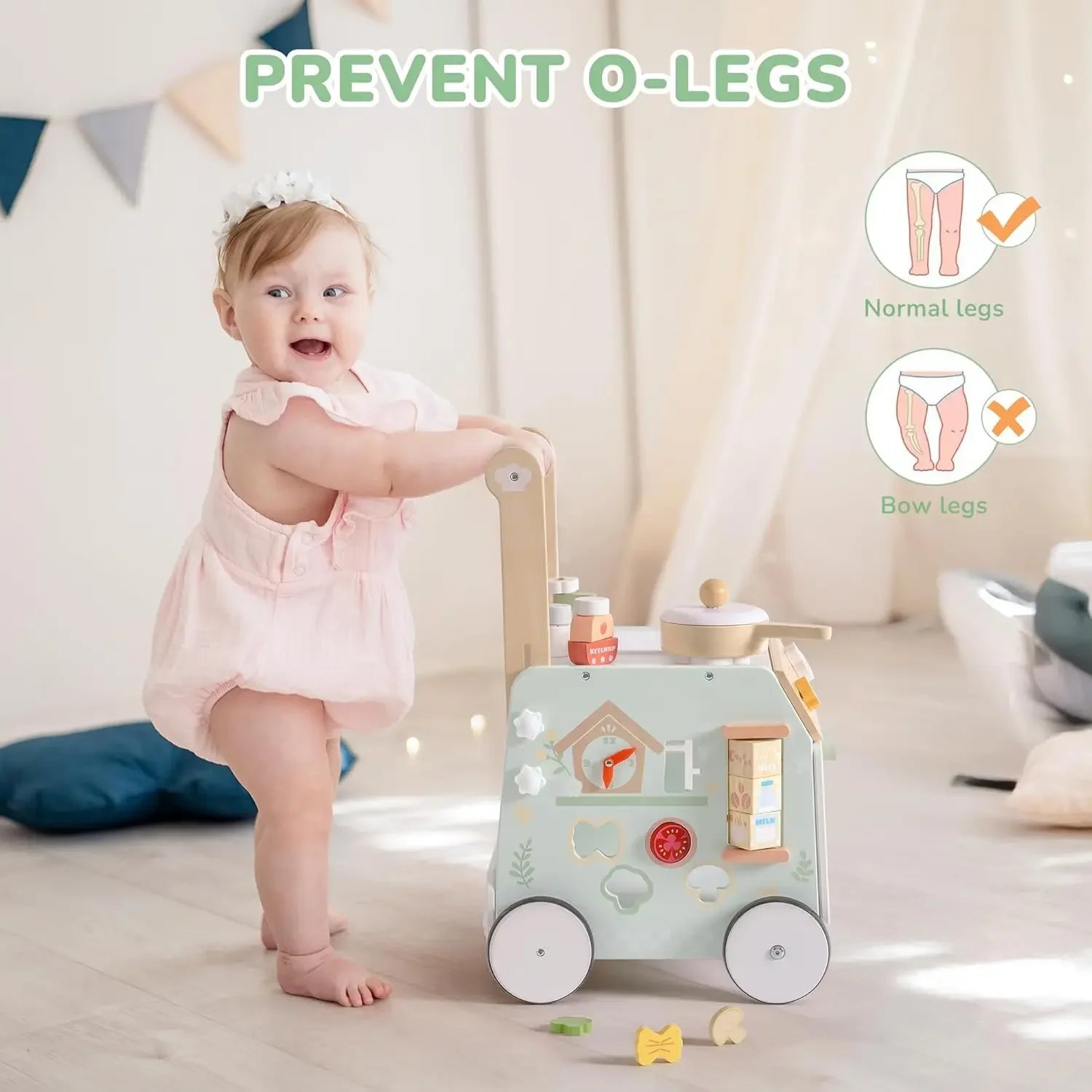 Baby standing next to a toy cart with educational graphics about preventing bow legs.