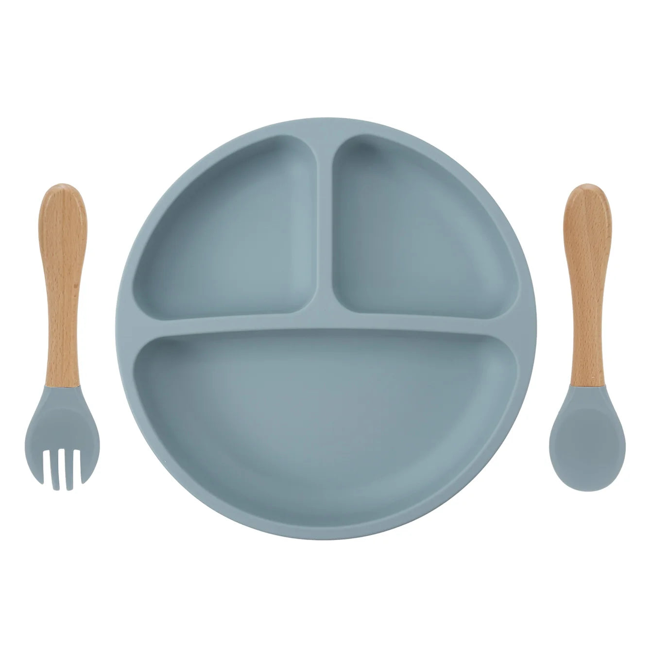Silicone divided suction plate with wooden spoon and fork in Ether