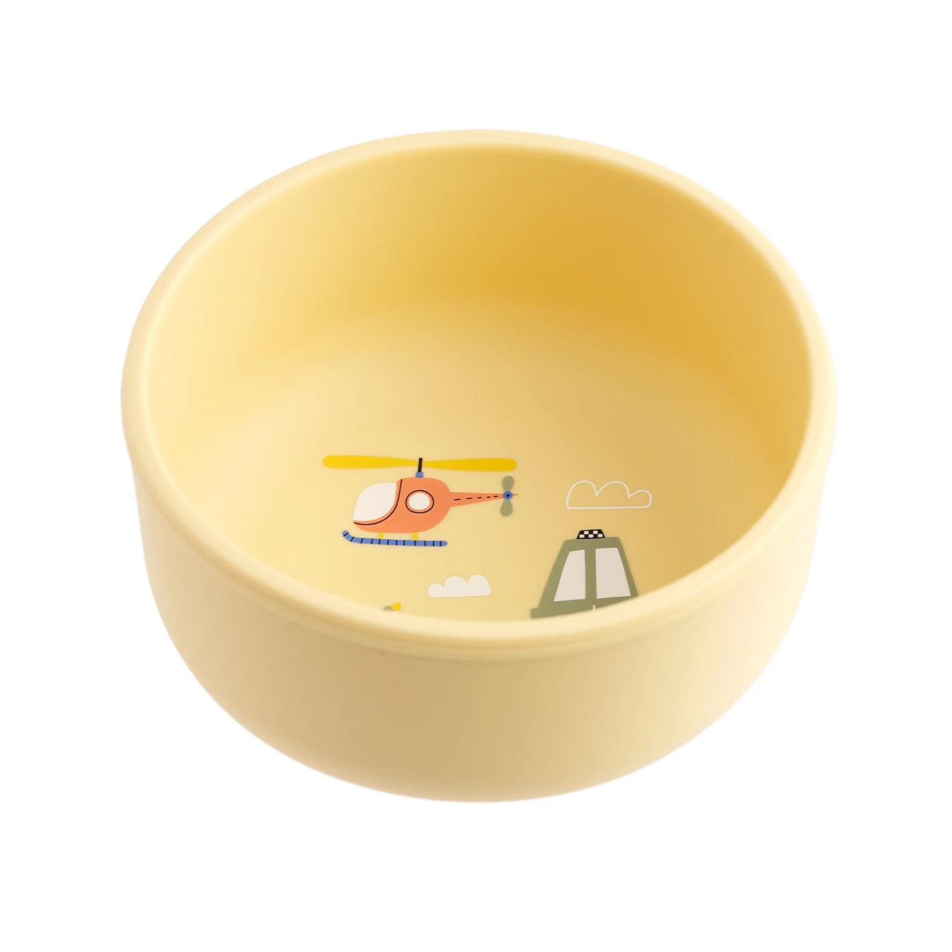 Yellow silicone weaning bowl with helicopter and car print