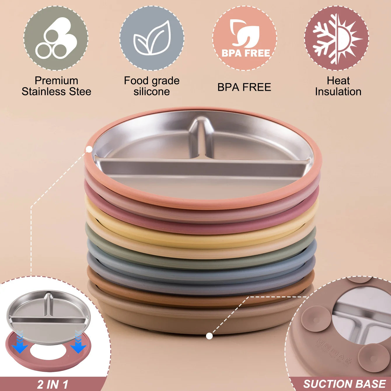 Stainless Steel Divided Plate with Detachable Silicone Suction Base | Oliver & Company Montessori Toys