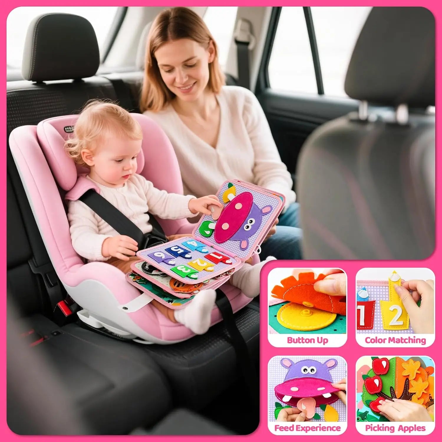 Woman and child in a car seat with a colorful educational book, surrounded by inset images of the book's features.