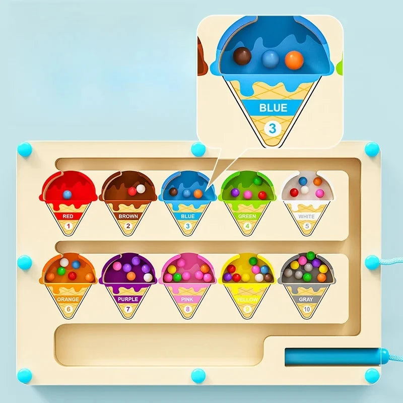 Wooden educational toy with colorful ice cream cones labeled with colors and numbers on a light blue background.
