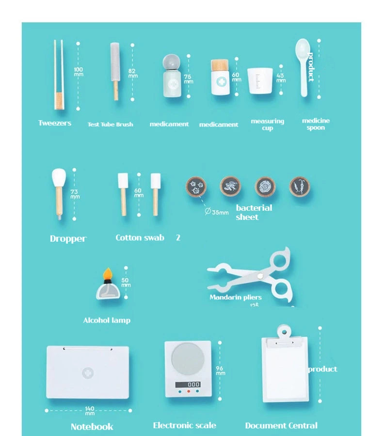 Pretend Play Microscope Set featuring a wooden microscope and experimental tools, ideal for young biologists to explore science through interactive play.